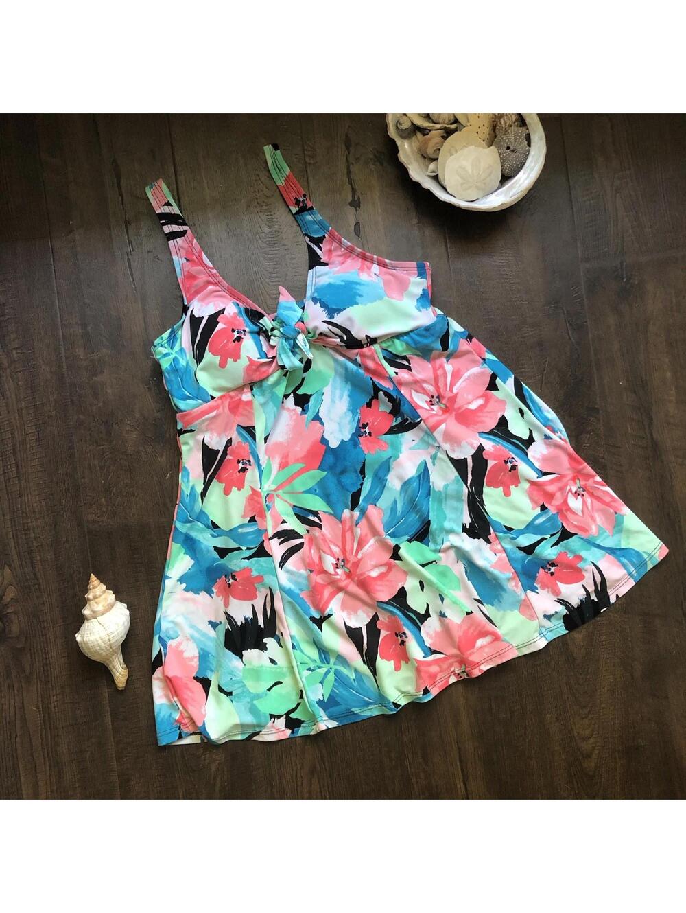 Vintage 90s Floral Multicolor Whimsy Print One Piece Mini Dress Swimsuit Sz 10